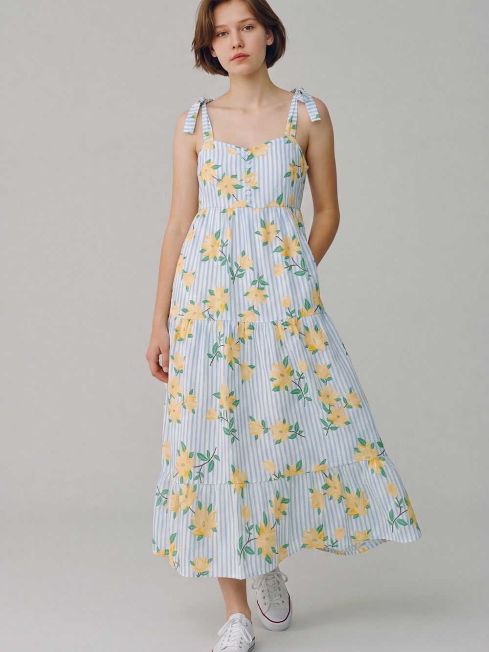 Draper James RSVP Striped Floral Tiered Maxi Dress Light Blue Yellow XS RARE